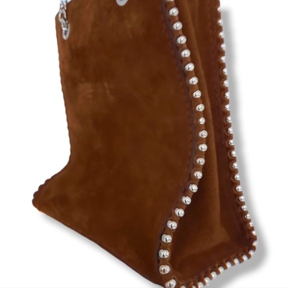 Suede  Brown Small Zara Bag With Studded Silver Chain. - Picture 2 of 3